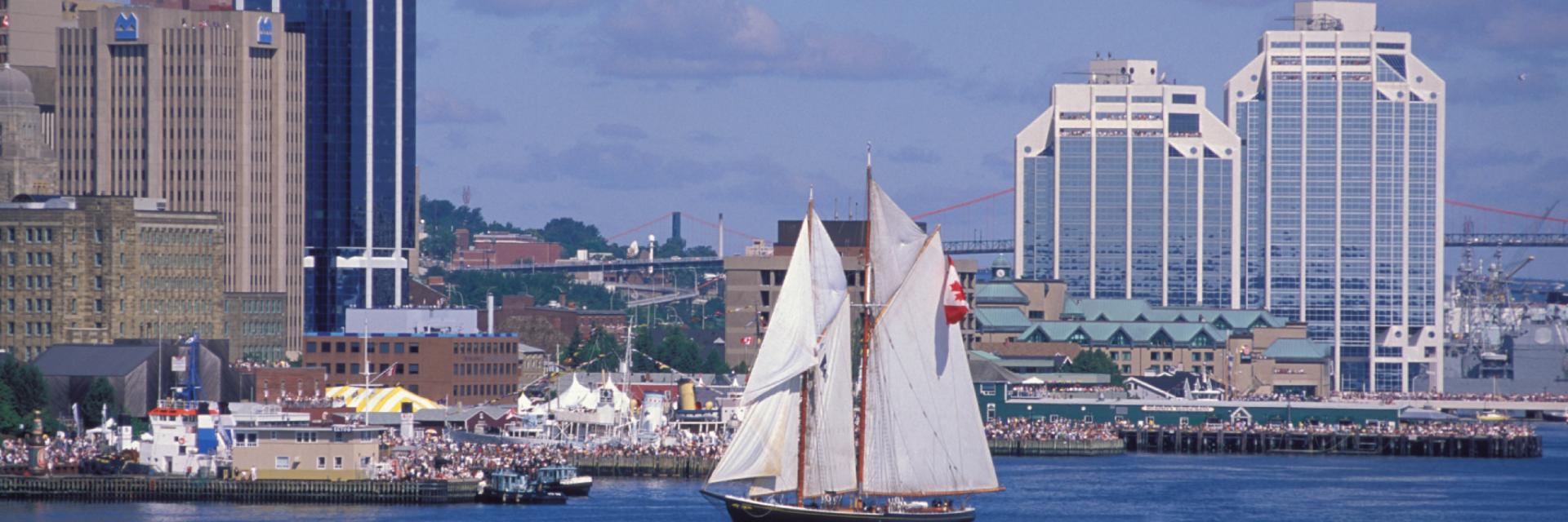 The Bluenose II sails in Halifax harbour with downtown buildings in the background.