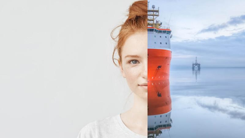 Half a woman's face paired with half of a ship. 
